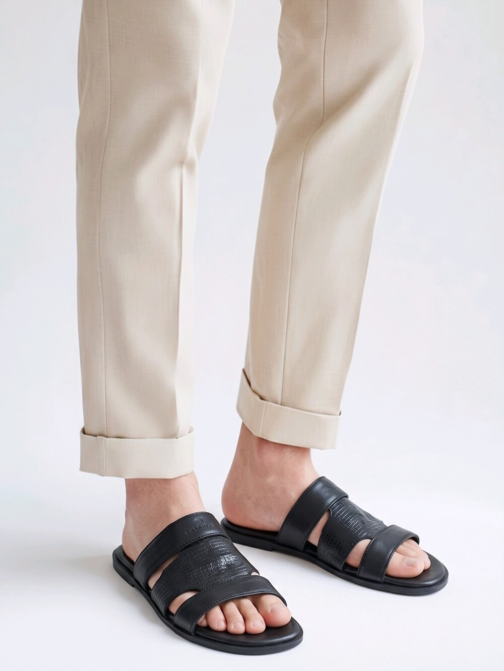 Mend Heavyweight Double-Strap Black Leather Slides Men's Fashion Sandals